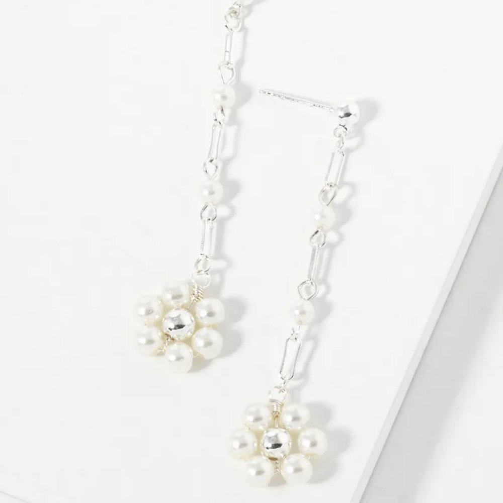Long Chain Silvery White Gold Tone Pearl Drops Earrings